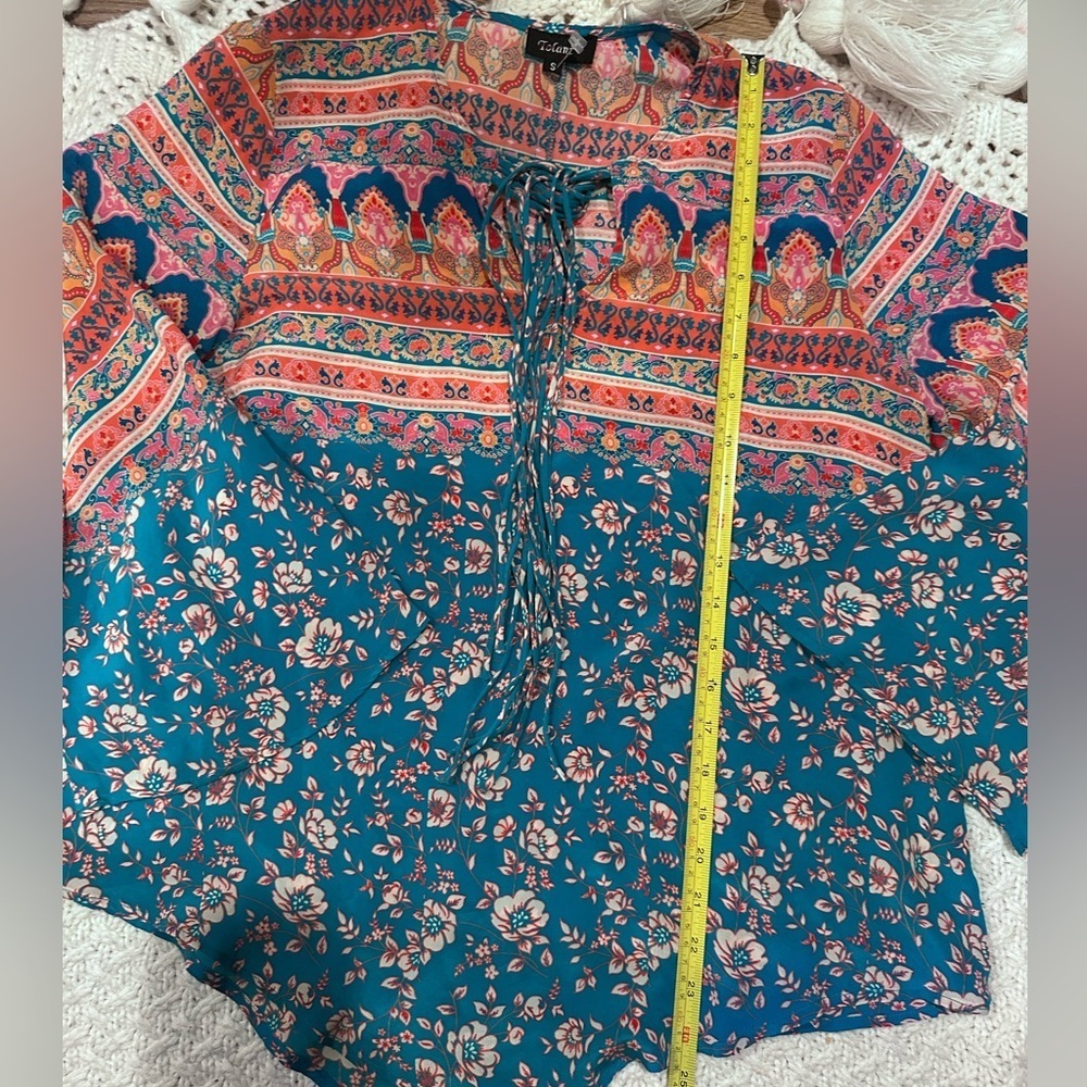 Tolani small Floral Bohemian Women's Top - Blue and Pink asymmetrical silk - Picture 5 of 11